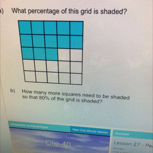 What percentage of this grid is shaded?

b)
How many more squares need to be shaded
so that 80% of