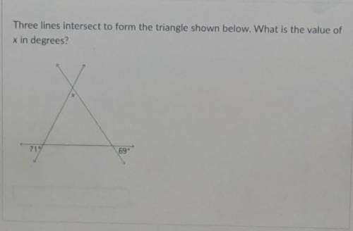 Three lines intersect to form the triangle shown below. What is the value of x in degrees?