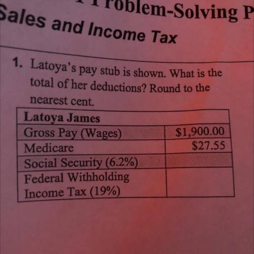 Latoya's pay stub is shown. What is the
total of her deductions? Round to the
nearest cent.