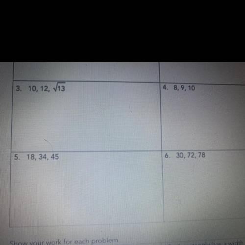 Please Answer

Questions 4 and 5 
Decide whether the numbers can represent the side lengths of a t