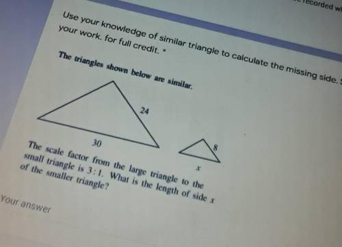 The scale factor from the large triangle to the small triangle is 3:1 What is the length of side x
