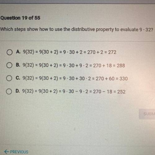 Which steps show how to use the distributive property to evaluate 9.32?