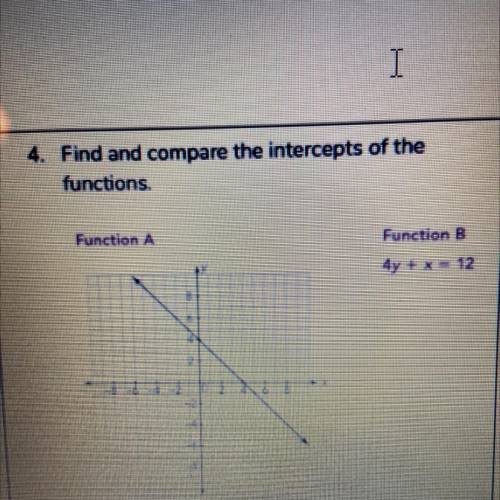 4. Find and compare the intercepts of the

functions.
Function A
Function B
4y + x = 12