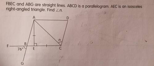 FBEC and ABG are straight lines. ABCD is a parallelogram. AEC is an isosceles right-angled triangle