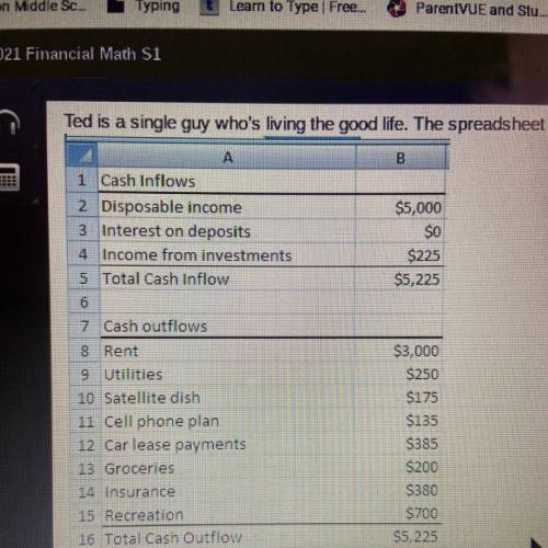 Ted is a single guy who's living the good life. The spreadsheet below shows Ted's cash flow for a m