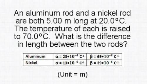 PLZ HELP!!! An aluminum rod and a nickel rod are both 5.00 m long at 20.0° C. The temperature of ea