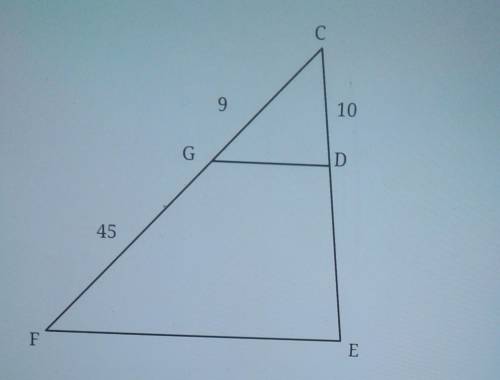 In the diagram of CFE below, GD||FE,CG=9,GF=45, and CD=10. What is the length of CE
