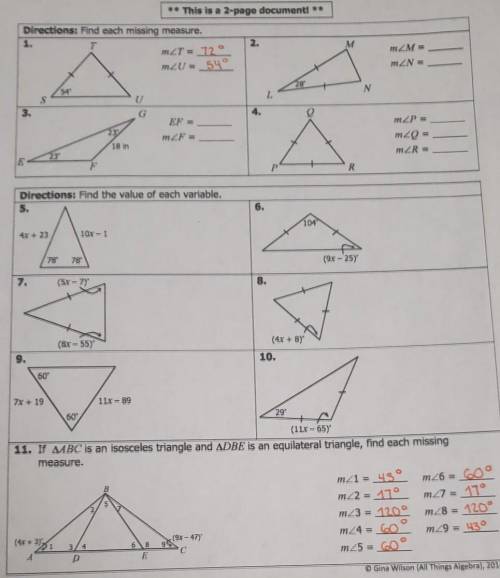 Unit 4 Congruent Triangles Homework 3 Isosceles & Equilateral TriangleHelp Please?