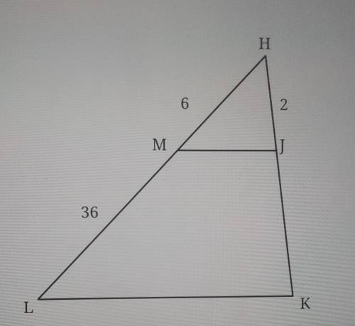 In the diagram of HLK below, MJ||LK,HM=6,ML=36, and HJ=2 what isntje length of HK ?