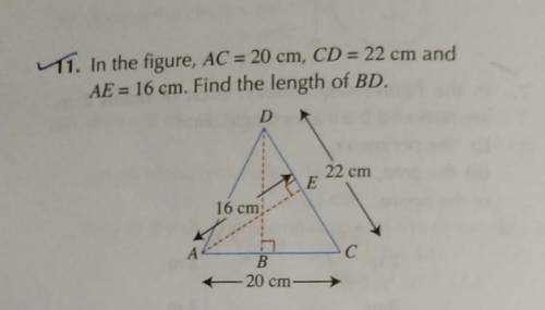 In the figure, AC=20cm CD=22cm and AE=16cm find the length of BD.