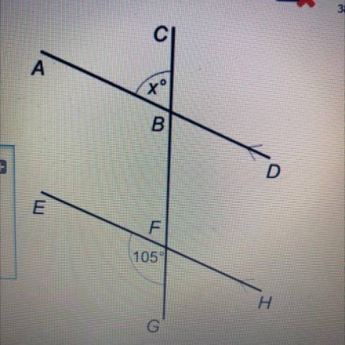 1) Work out the size of angle x.

2) Give reasons for your answer. 
(15 points if correct)