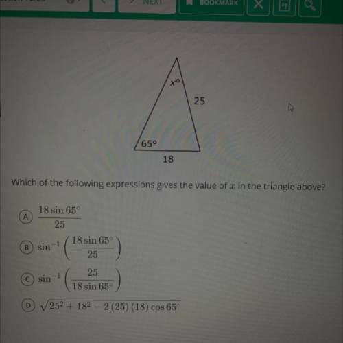 Which of the following expressions gives the value of x in the triangle above