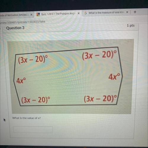 (3x - 20°
(3x – 20)°
4xº
4xº
(3x – 20°
(3x – 20)
What is the value of x?