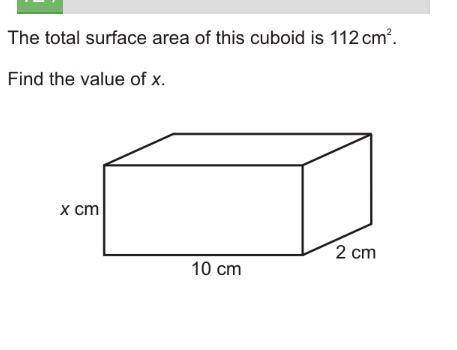 The total surface area of this cuboid is 112cm^2. Find the value of x.