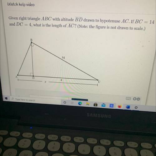 Given right triangle ABC with altitude BD drawn to hypotenuse AC. If BC = 14

and DC 4, what is th