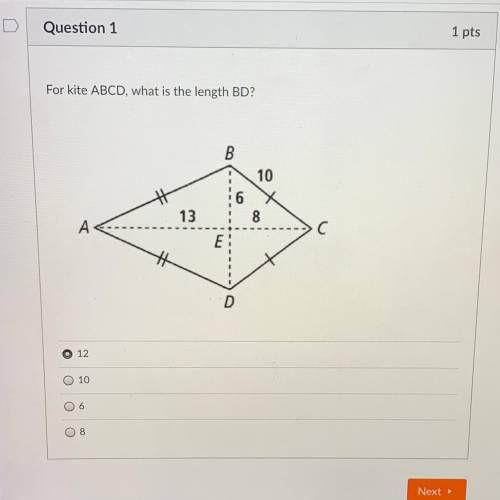 PLEASE HELP TIMED QUIZ! For kite ABCD, what is the length BD?