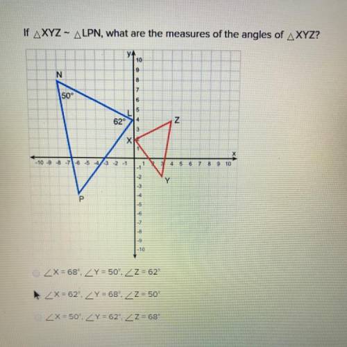 If triangle XYZ~ triangleLPN, what are the measures of the angles of triangleXYZ?
