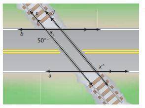 Below are a picture of parallel railroad tracks intersecting the parallel edges of a road.

Find x