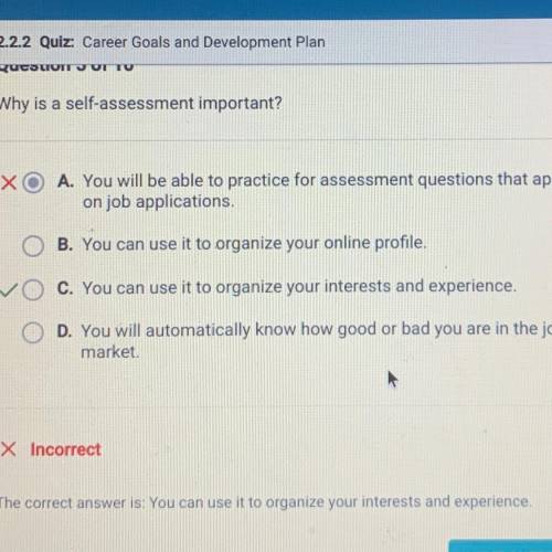 Why is a self-assessment important?

the correct answer is you can use it to organize your interes