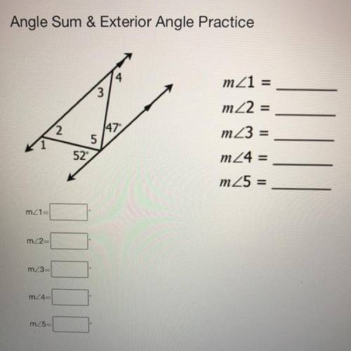 Angle Sum & Exterior Angle Practice

m_1 =
m22
147
5
m3 =
m24 =
52
m25 =