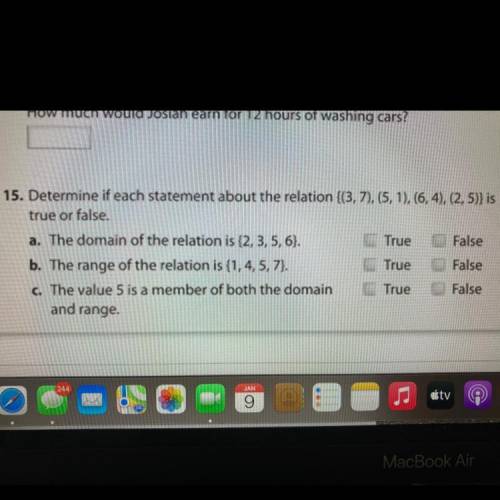 Determine if each statement about the relation {(3,7),(5,1),(6,4),(2,5)} is true or false.

a. The