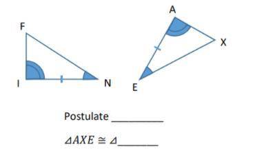 What postulate could prove these two triangles congruent?

1: SAS
2: ASA
3: AAS
Finish the congrue