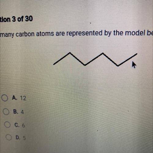 How many carbon atoms are represented by the model below?
A. 12
B. 4
C. 6
D. 5