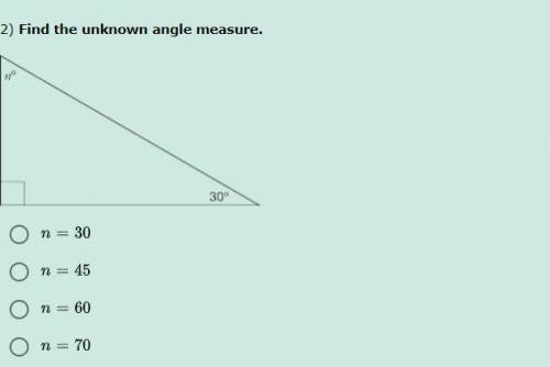 2) Find the unknown angle measure. Look at the picture math math i need help pls and thank you lol