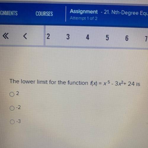 The lower limit for the function f(x) = x^5 - 3x^3 + 24 is 
A. 2
B. -2 
C. -3