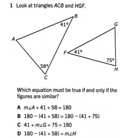 Look at triangles ACB and HGF. Which equation must be true if and only if the figures are similar?
