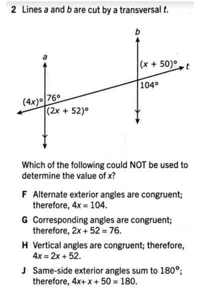 8TH GRADE MATH

Lines a and b are cut by a transversal t.Which of the following could NOT be used