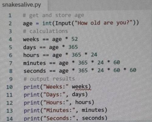 (image attached)

The program pictured asks a user to enter their age and then outputs it in secon