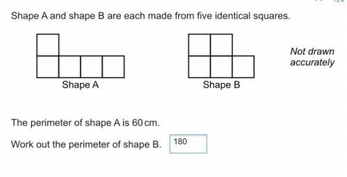 Shape A and Shape B are each made from 5 identical squares.

The perimeter of shape A is 60cm.
Wor