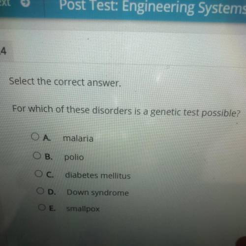 Select the correct answer.

For which of these disorders is a genetic test possible?
ОА.
malaria
O