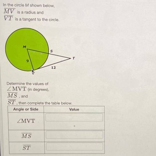 in the circle M shown below MV is a radius and VT is a target to the circle determine the values of