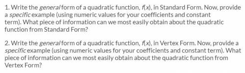 I need help with these questions for Quadratic functions