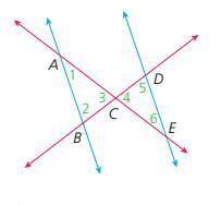 Paul draws two red lines that intersect at point C. Then he draws two parallel blue lines that inte