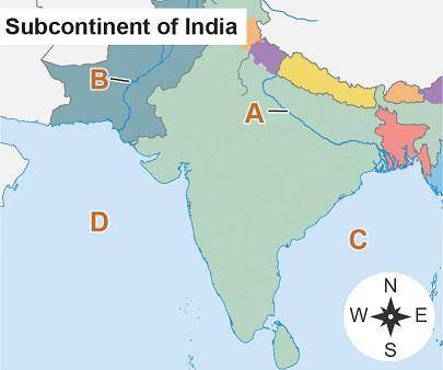 Which location on the map shows the Indus River?
A
B
C
D