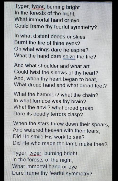 Need Help Asap Please) Read the passage then answer the questions.  The Tyger by William Blake. Qu