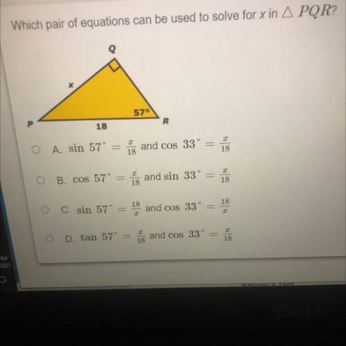 Which pair of equations can be used to solve for x in A PQR?
