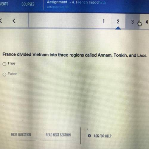 France divided Vietnam into three regions called Annam, Tonkin, and Laos.
True
False