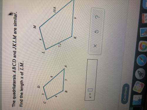 The quadrilaterals ABCD and JKLM are similar . Find the length x of LM