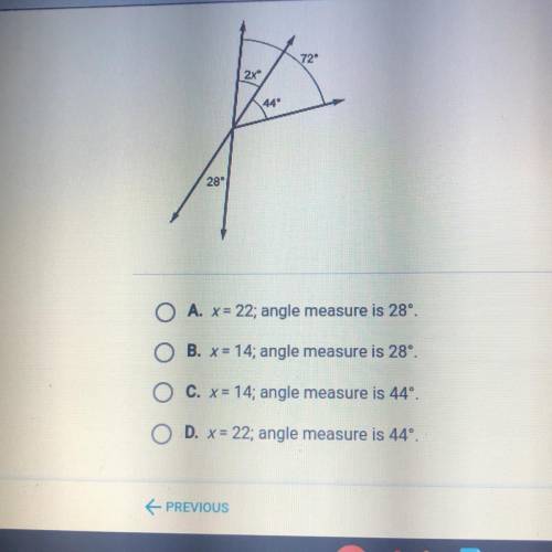 Find the value of x and the measure of the angle labeled 2x .