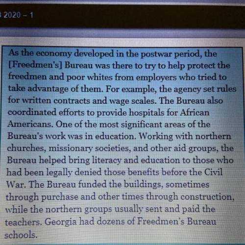 What were some of the responsibilities of the

Freedmen's Bureau? Check all that apply.
Establishi