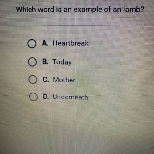 Which word is an example of an iamb?

A. Heartbreak
B. Today 
C. Mother 
D. Underneath