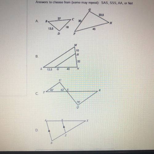 Determine if the triangles are similar and state how they are similar. Answers to choose from: SAS,