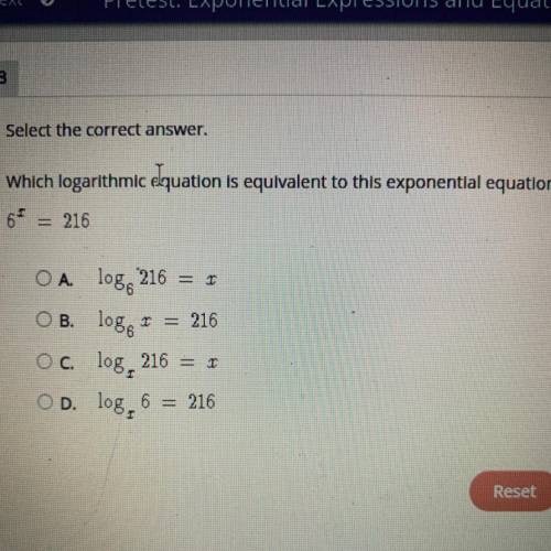 Which logarithmic equation is equivalent to this exponential equation?
6^x = 216