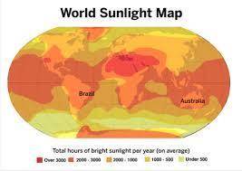 1st. What does the World Sunlight Map tell you about how much sunlight Australia gets compared to B