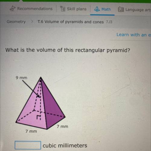 What is the volume of this rectangular pyramid?
9 mm
7 mm
7 mm
