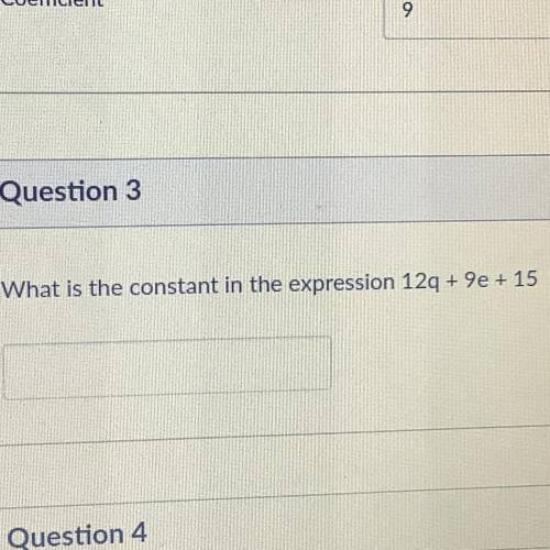 What is the constant in the expression 12q + 9e + 15
